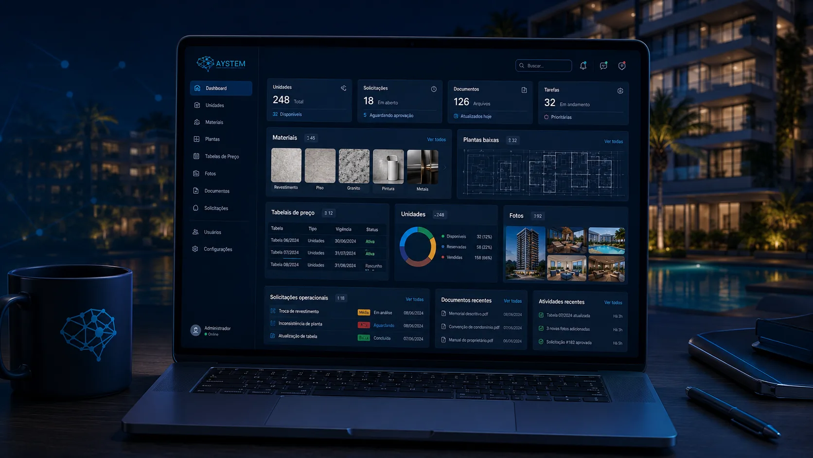 Dashboard desktop administrativo virtual do Aystem com unidades, materiais, plantas, tabelas, documentos e solicitações operacionais.