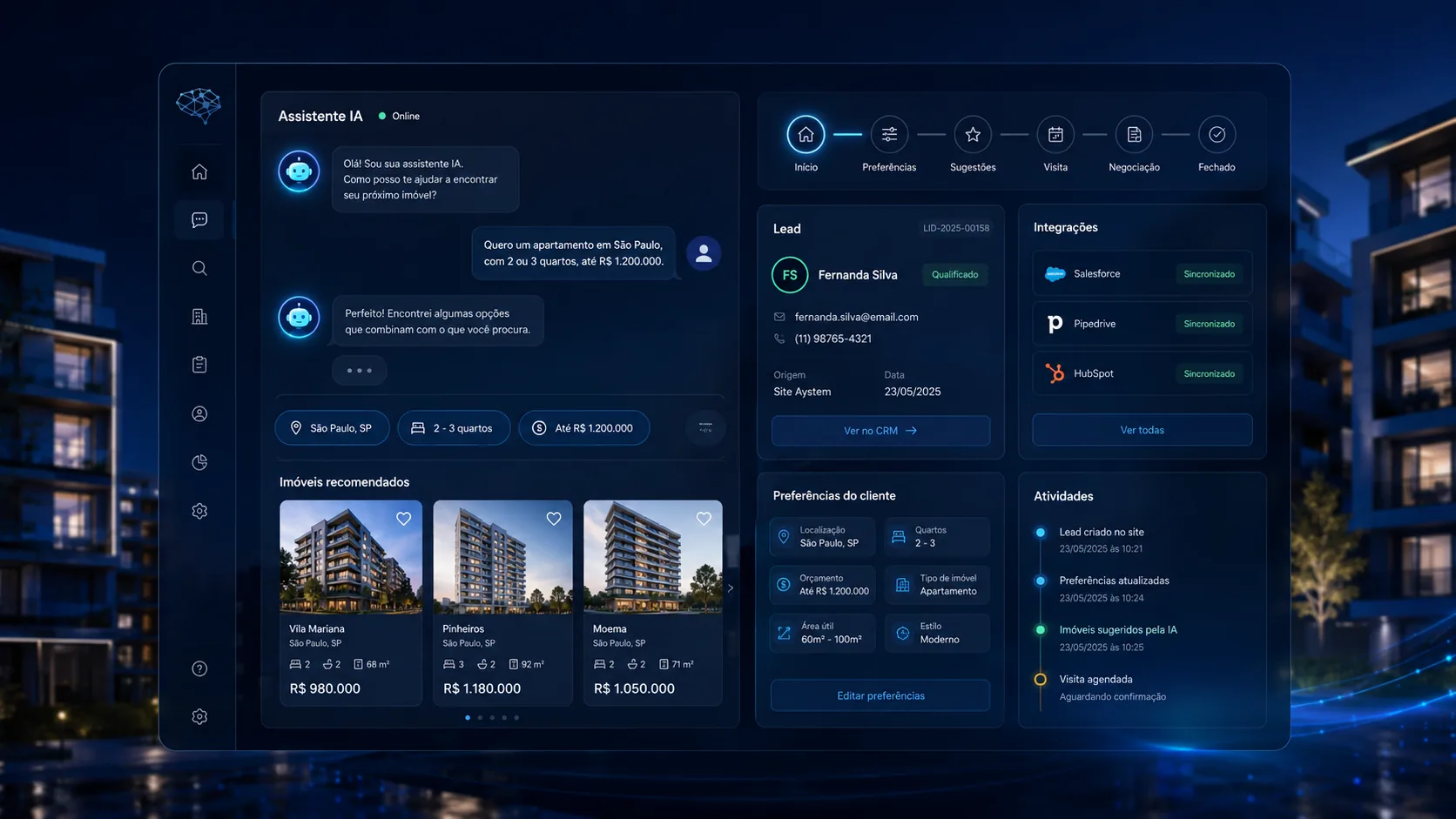 Tela desktop do Aystem com assistente de IA para imóveis, recomendações, preferências do cliente, lead qualificado e atividades.