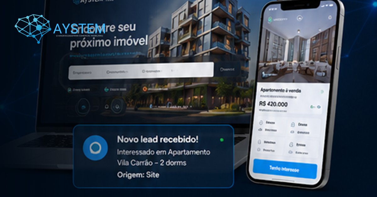 Página visual mostrando site para imobiliária conectado ao CRM, WhatsApp e distribuição de leads