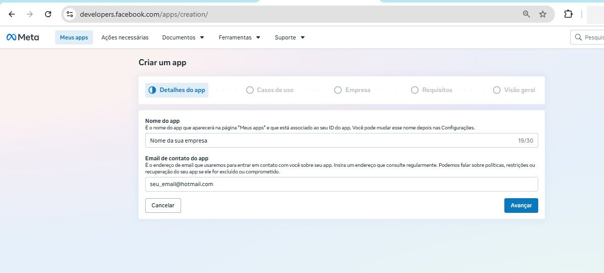 Passo 2, Criar o app na Meta: Detalhes do app: nome e e-mail de contato.