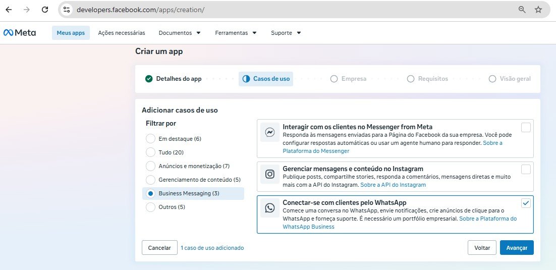 Passo 2, Criar o app na Meta: Em Casos de uso, marque “Conectar-se com clientes pelo WhatsApp”.
