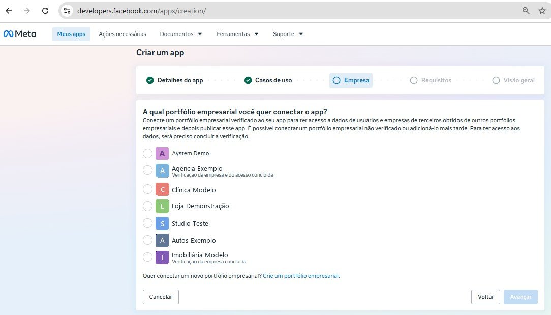 Passo 2, Criar o app na Meta: Selecione o portfólio empresarial, ou crie um.