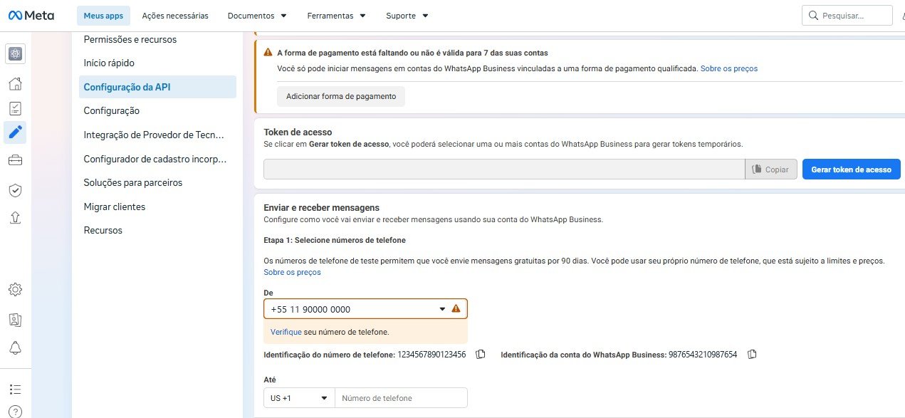 Passo 3, Pegar os dados do número: Em Configuração da API: os dois identificadores aparecem um ao lado do outro.