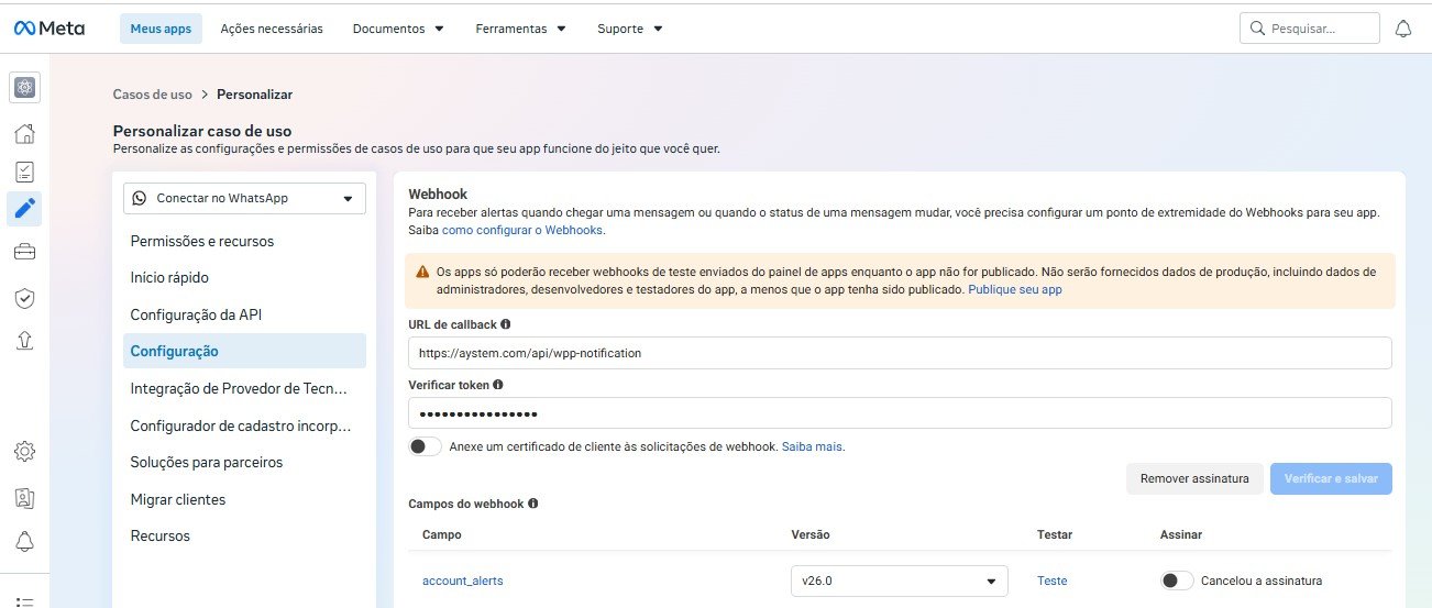 Passo 5, Ativar o recebimento de mensagens: Cole a URL de callback e escolha qualquer palavra como Verificar token.