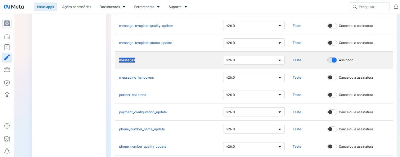 Passo 5, Ativar o recebimento de mensagens: Em Campos do webhook, assine o campo messages.