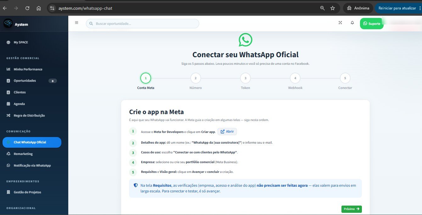 Passo 1, Criar a conta e abrir o assistente: O assistente abre em Comunicação › Chat WhatsApp Oficial.