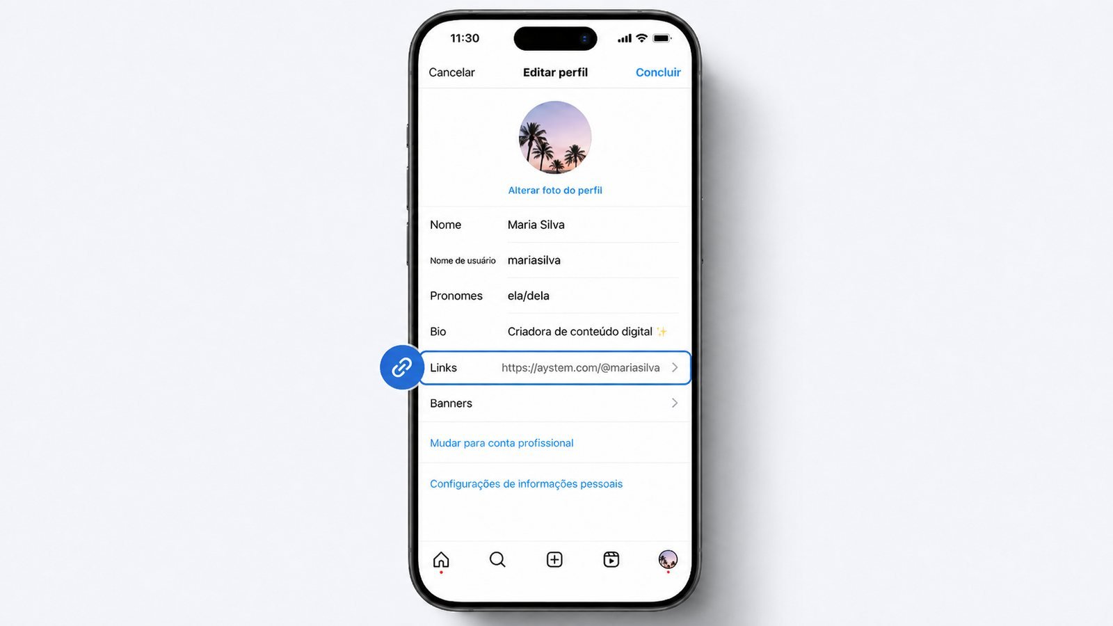 Tela Editar perfil do Instagram com o campo Links em destaque, preenchido com o endereço de uma página do Aystem Space