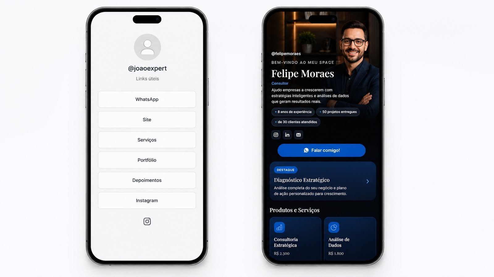 Dois celulares lado a lado: à esquerda uma lista simples de links; à direita uma página completa com foto, credenciais, botão de WhatsApp e produtos com preço